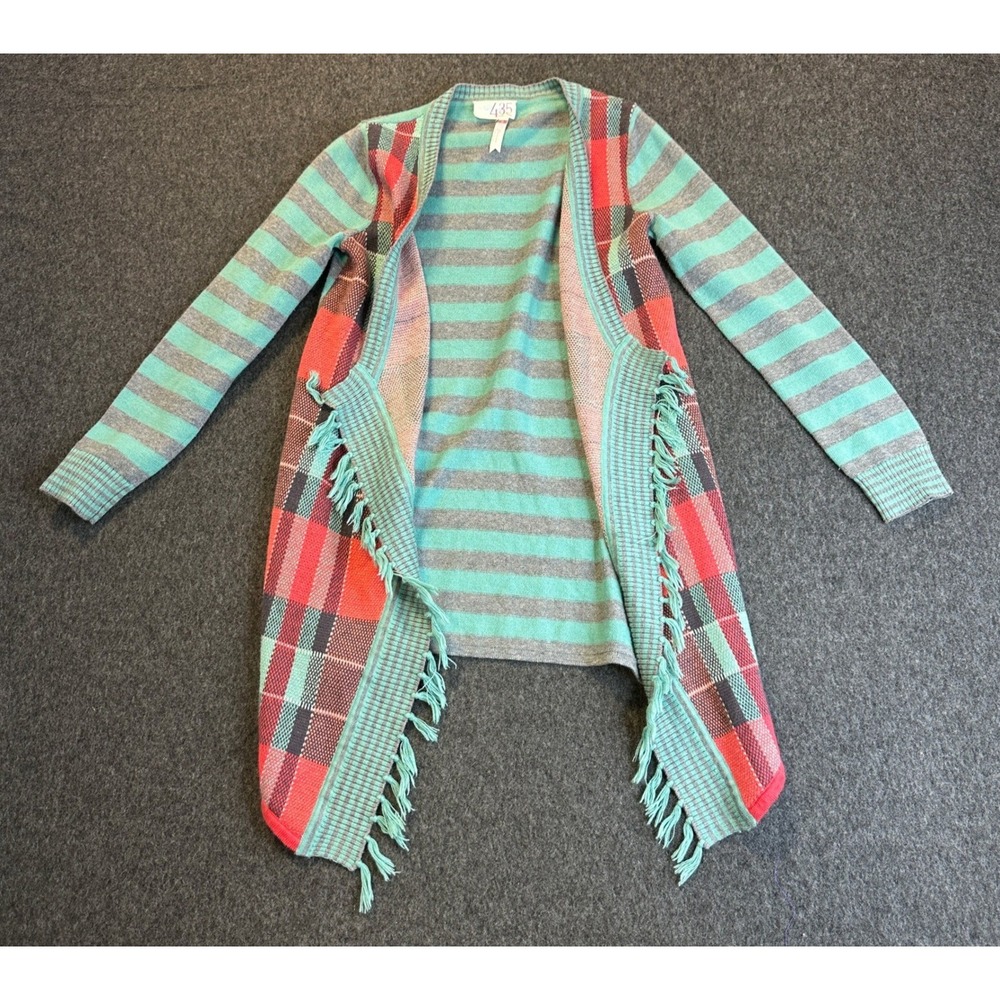 Matilda Jane Steadfast Open Front Cardigan Plaid Striped Fringe Teal Girls Sz 8 - Picture 16 of 16